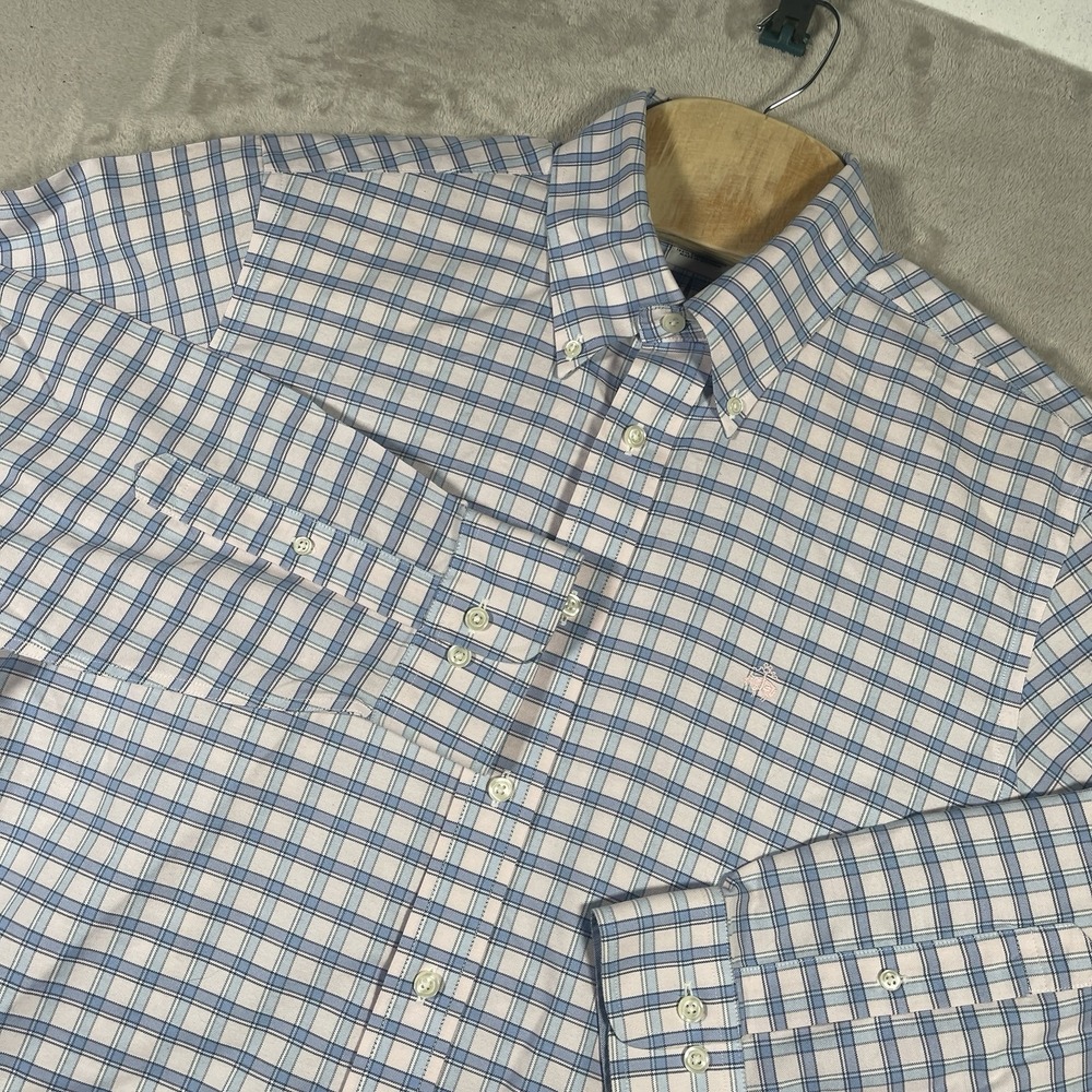 Brooks Brothers Shirt Men L Blue Checkered Plaid‎ Regent Non-Iron Supima Cotton
